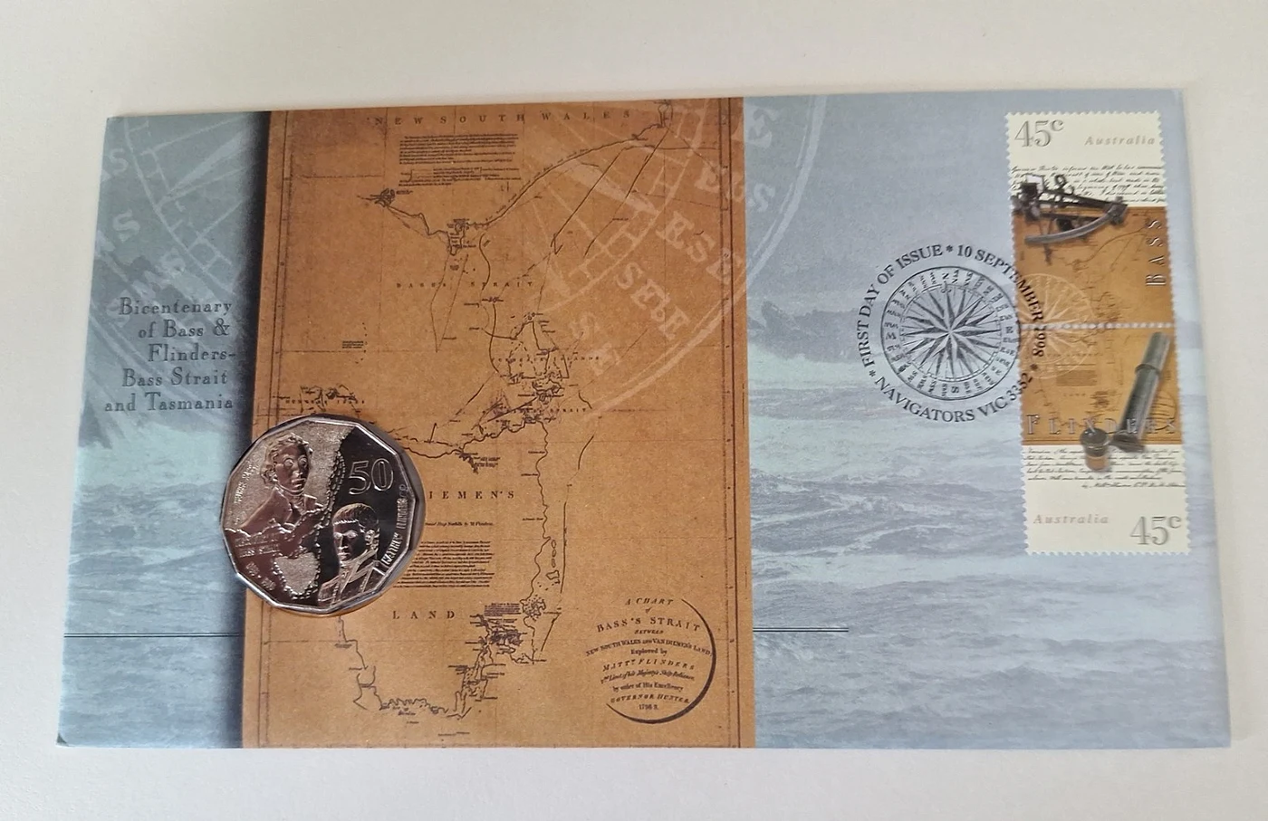 1998 Bass & Flinders 50c Coin PNC — Bicentenary (Bass Strait & Tasmania)