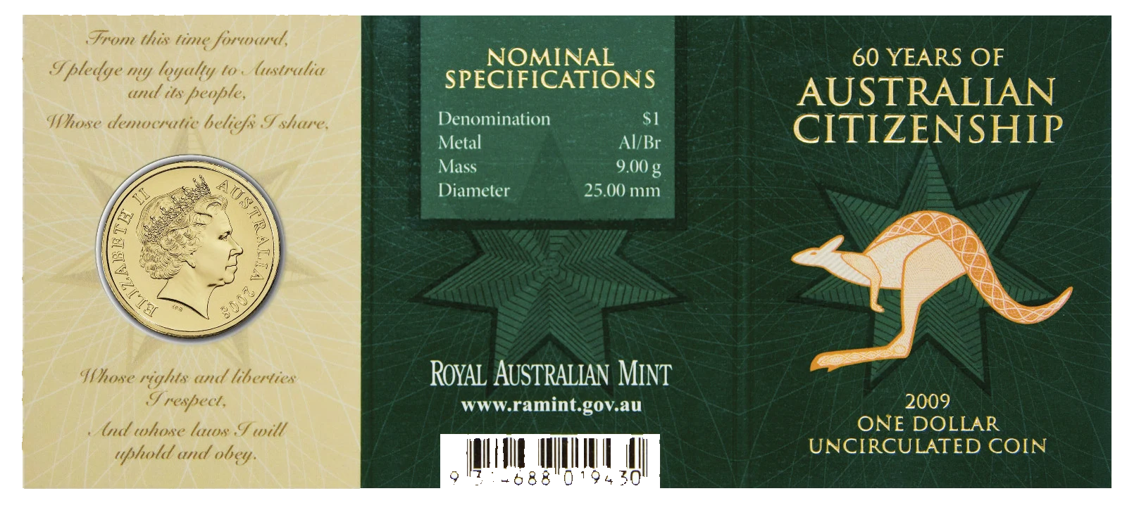 2009 Australian Citizenship $1 'C' Mintmark Uncirculated Coin