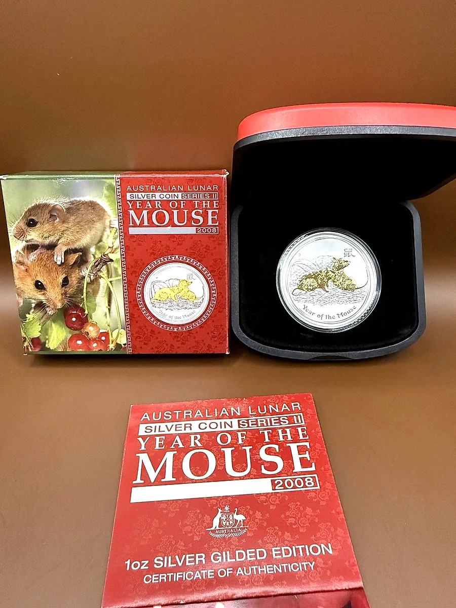 2008 Year of the Mouse 1oz Silver Gilded Coin — Australian Lunar Series II