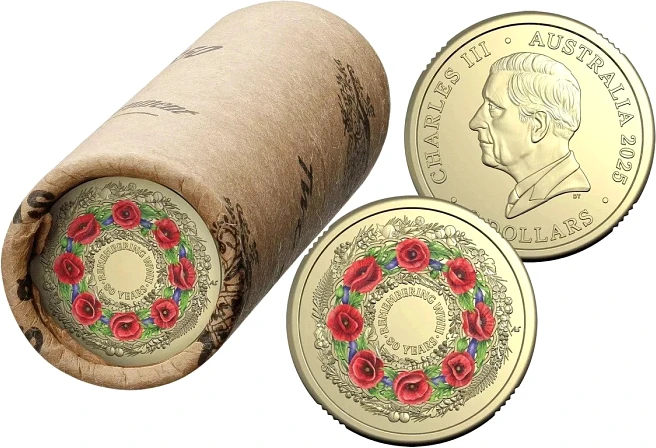 2025 Australia $2 "Poppy Wreath" Coloured — Full RAM Roll of 25 (80 Years End of WWII)